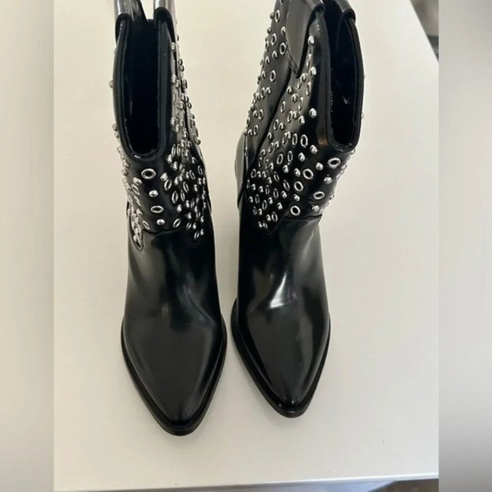 The Kooples Black Leather Studded Eyelet Western Ankle Boots Size‎ 37
